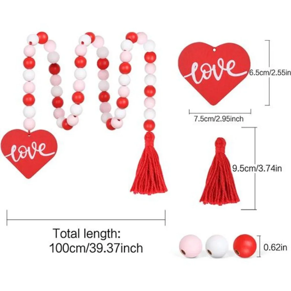 Farmhouse Wood Beaded Garland with Tassel, Valentines Day Decor